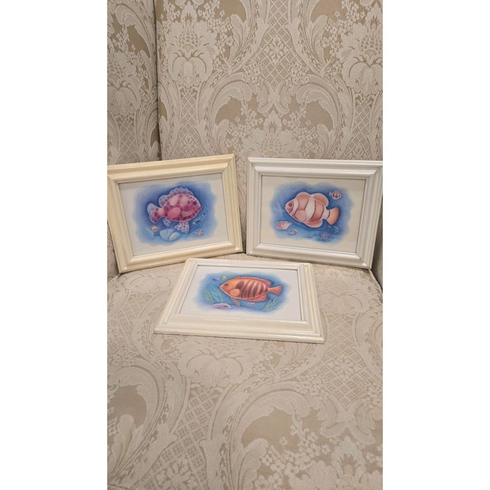 3 Vintage Coastal Fish Wall Art Set Framed Prints Nursery Ocean Decor Sea Life